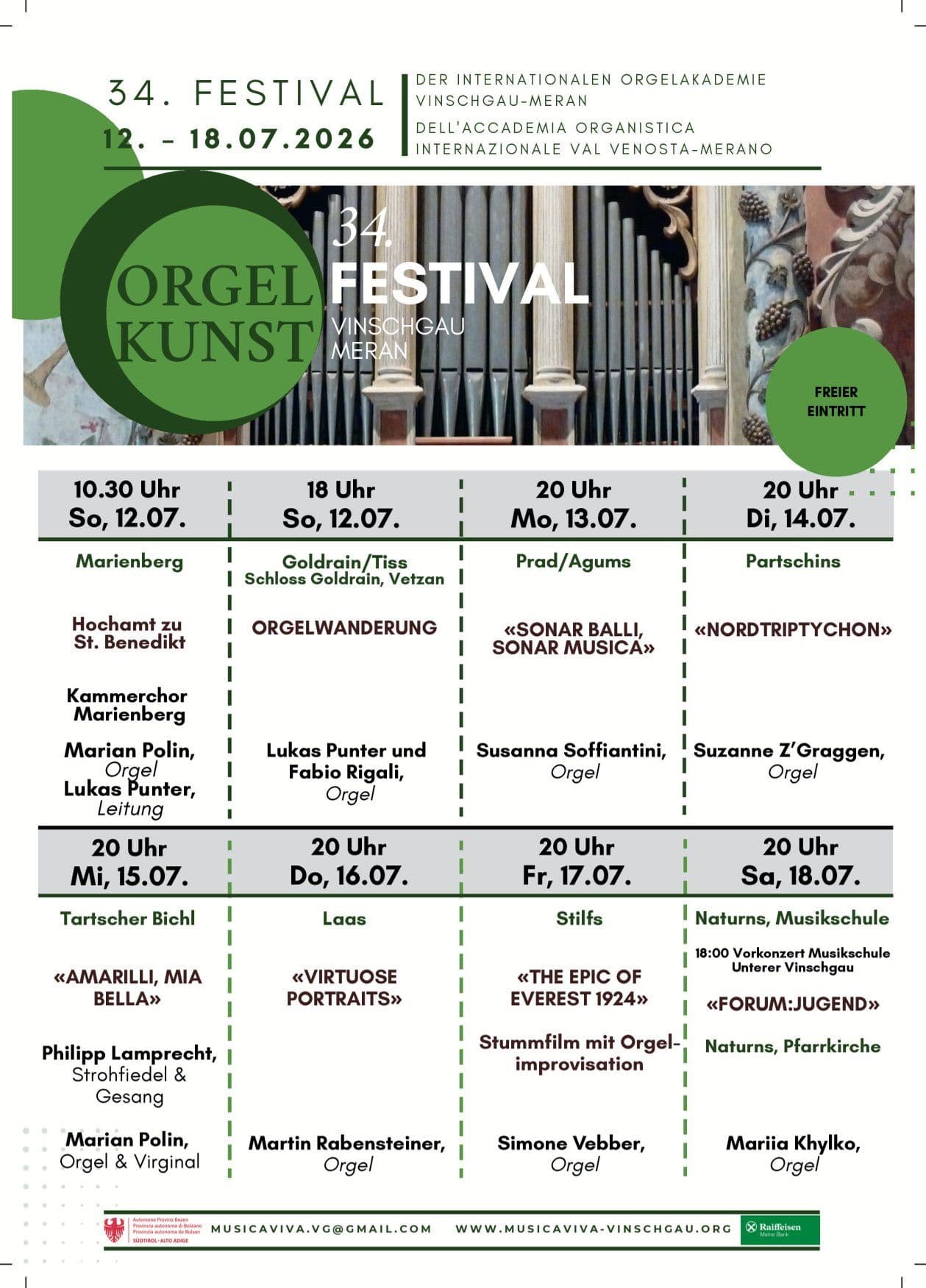 Orgelkunst - Festival der internationalen Orgelakademie Vinschgau-Meran